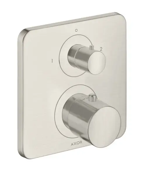 Thermostat mit Ab- und Umstellventil in Edelstahl-Optik, montiert auf quadratischer Unterputzplatte. Marke AXOR. Drehknöpfe für Temperatur- und Funktionsregelung.